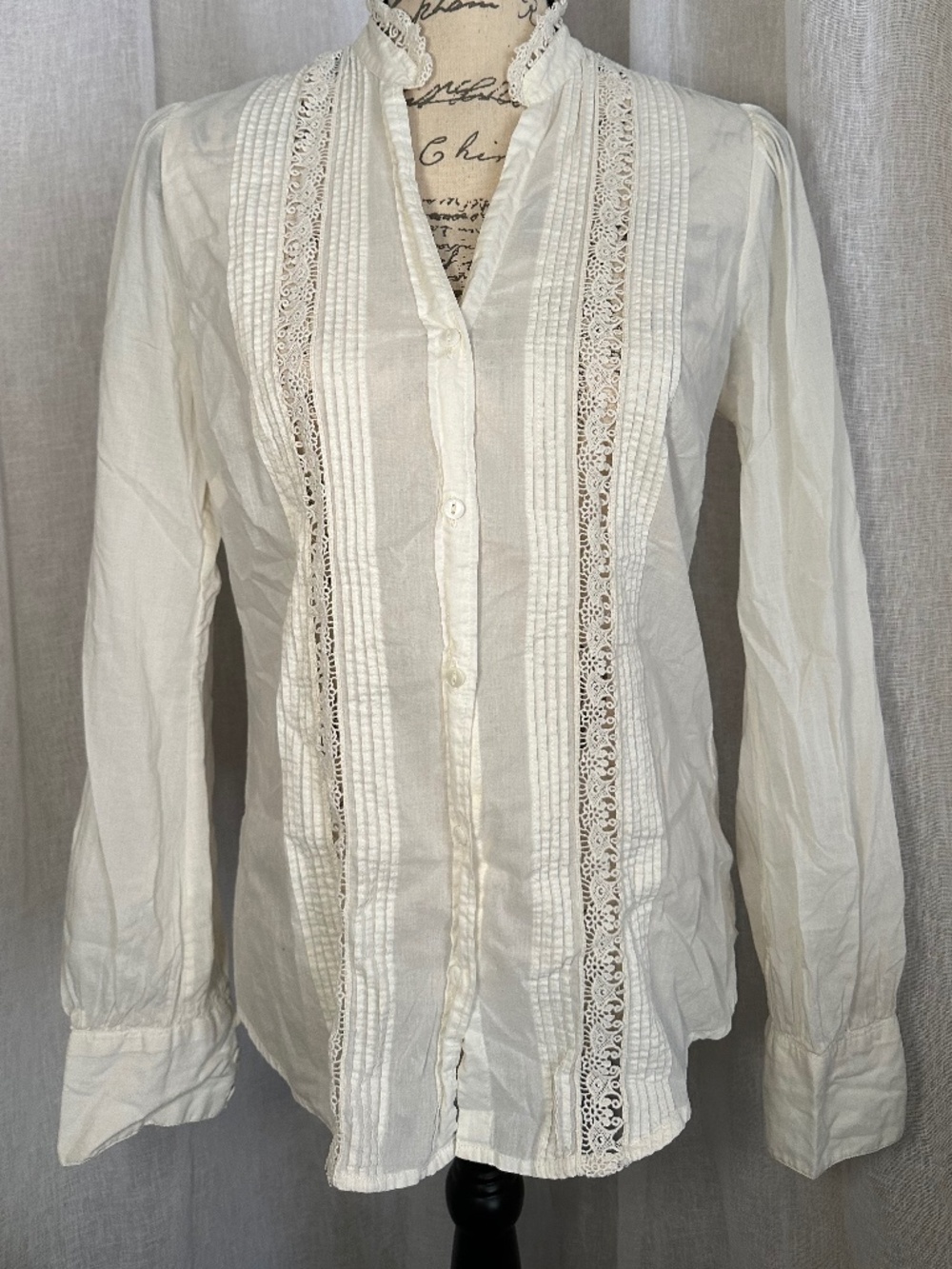 Lucky Brand Sheer Ivory White Victorian Style Cotton Button Down with Lace Small